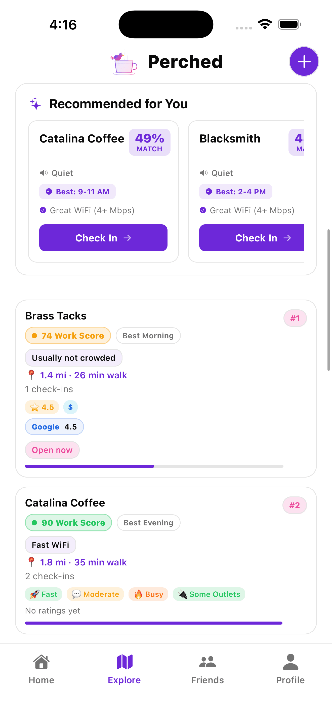 Perched recommendations screen with ranked spots and work scores.