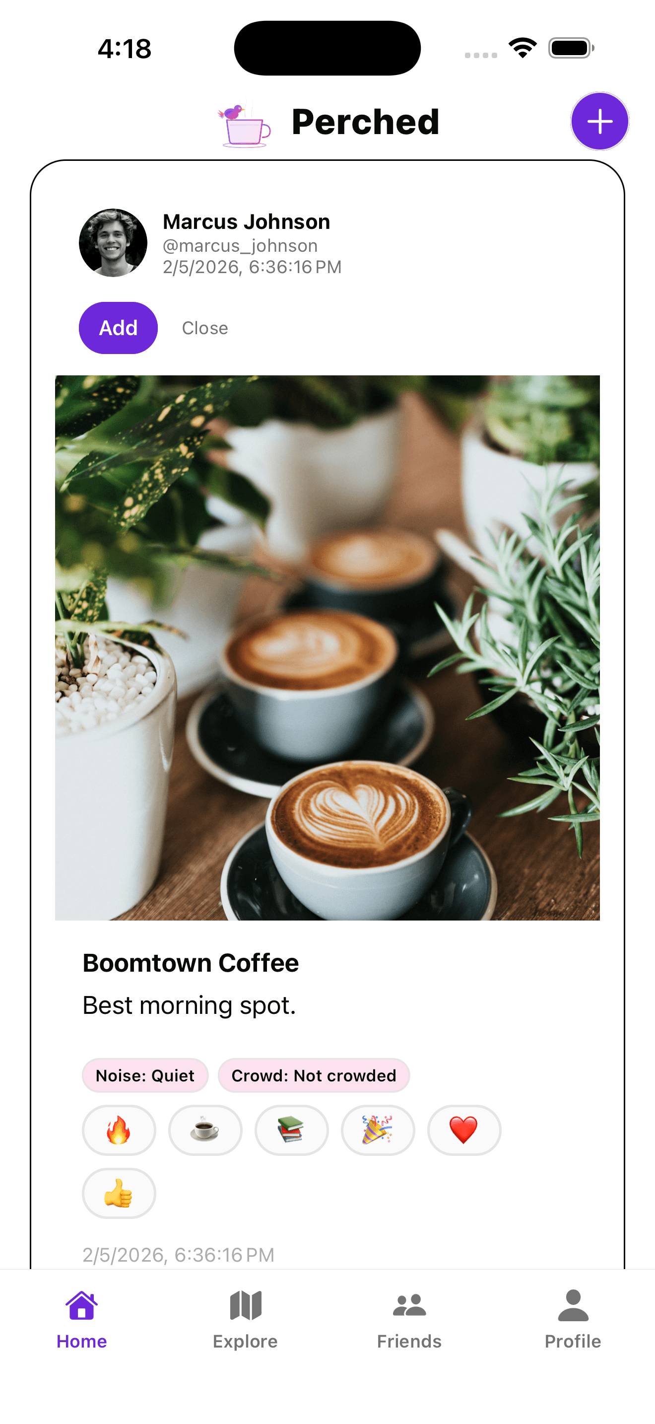 Perched feed card showing Marcus Johnson's check-in at Boomtown Coffee with a photo and note.